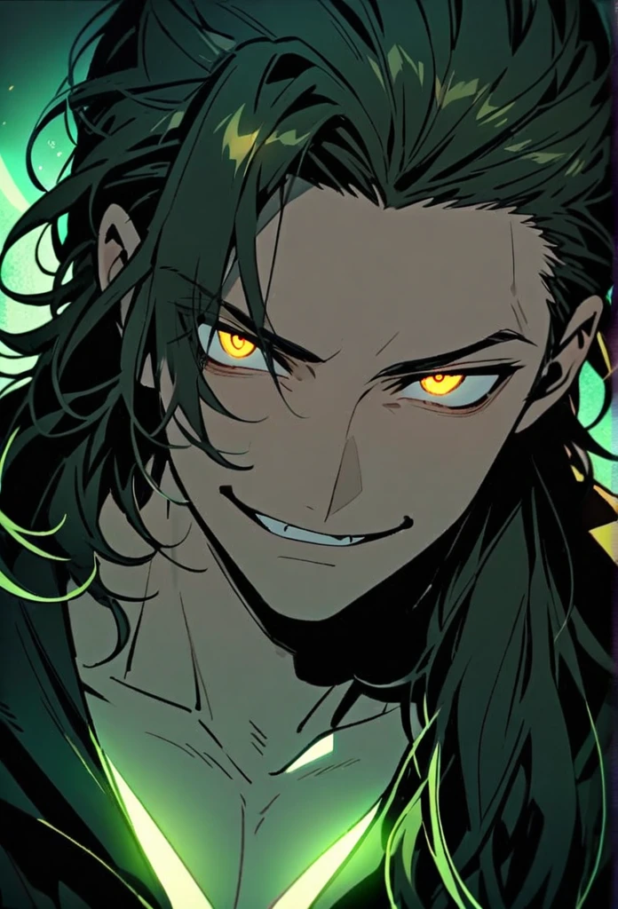 Handsome, solo, 1 man, dark green hair, yellow eyes, 1 man, handsome, male, long hair, detailed, Hair Slicked Back, Messy Hair, Hair Over Shoulder, Glowing Light, Bright Pupils, Smirk, Wide-Eyed, Evil Smile, Amber Eyes, 