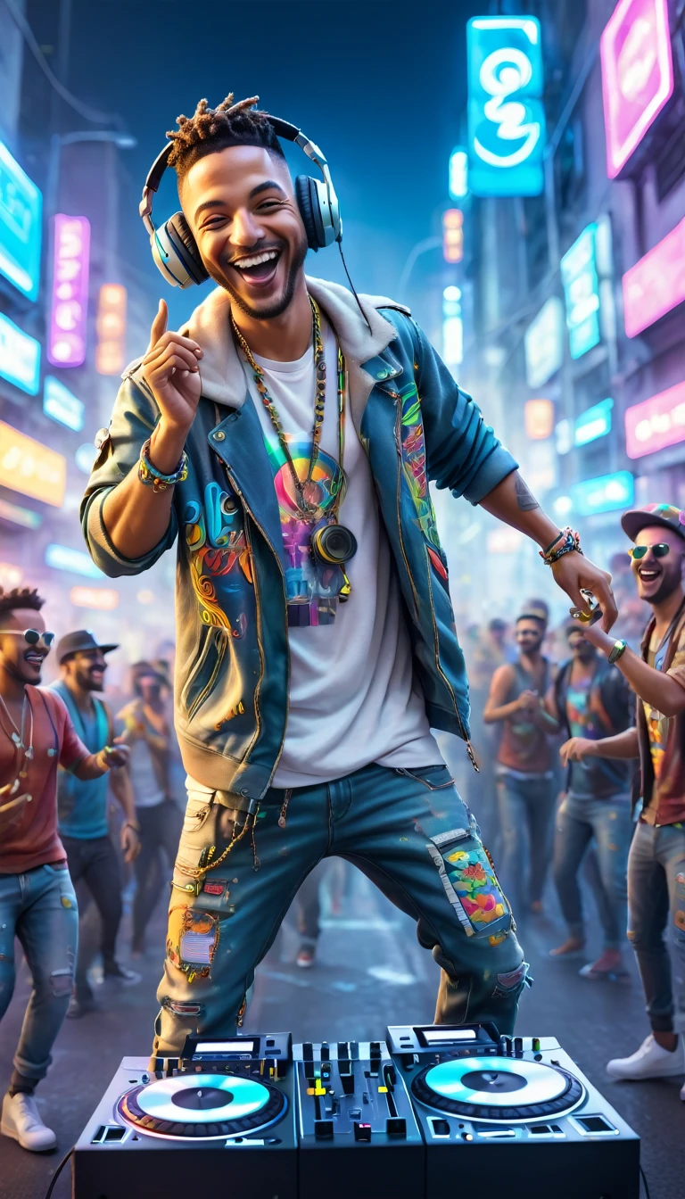 BRAZILIAN adult men dressed in urban clothes, on a white background, he is a disc jockey and is PLAYING and DANCING his music for a crowd and holographic signs, HAPPY on the road. are drinking and laughing, The smooth, cyberpunk background, high tech vibe. adorable digital painting, 3D rendering, bright lighting, swirly vibrant colors. adult people, pessoas bonitas, different faces.