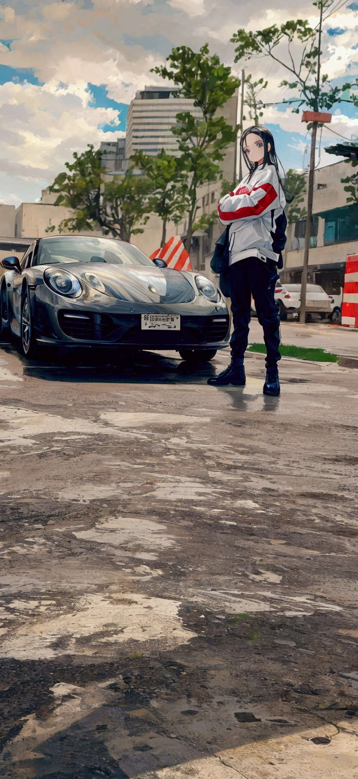 uma obra prima, 1 girl next to a porshe, blackquality hair, cool sweatshirt, looking at camera, epic landscape,