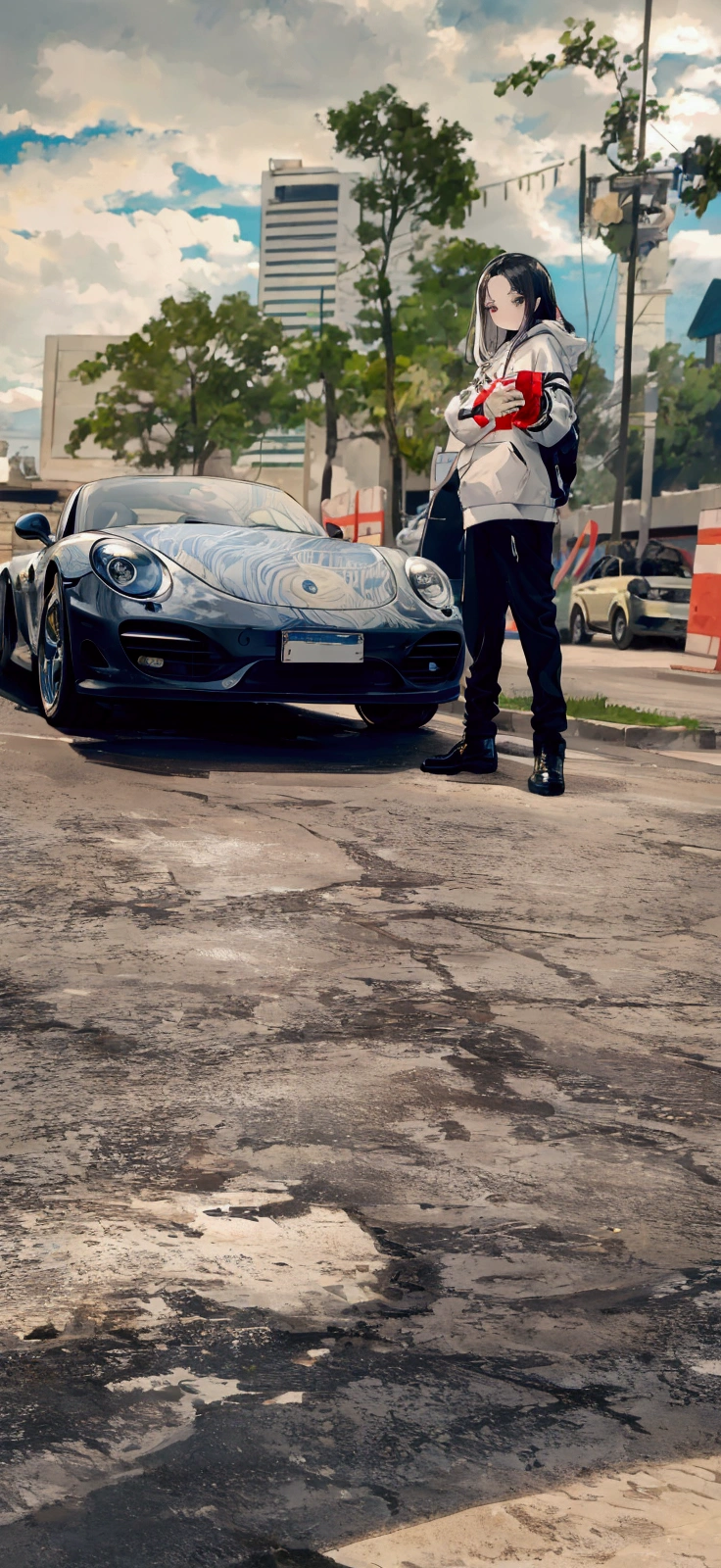 uma obra prima, 1 girl next to a porshe, blackquality hair, cool sweatshirt, looking at camera, epic landscape,