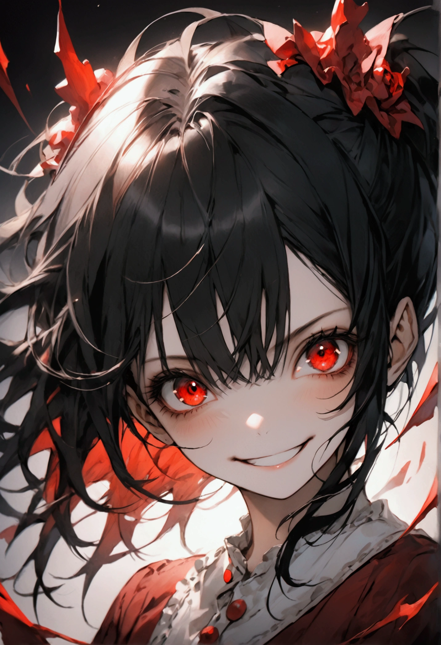 1girl, dark setting, cinematic lighting, crazy smile, psychopatic, red eyes, long black hair, face close-up