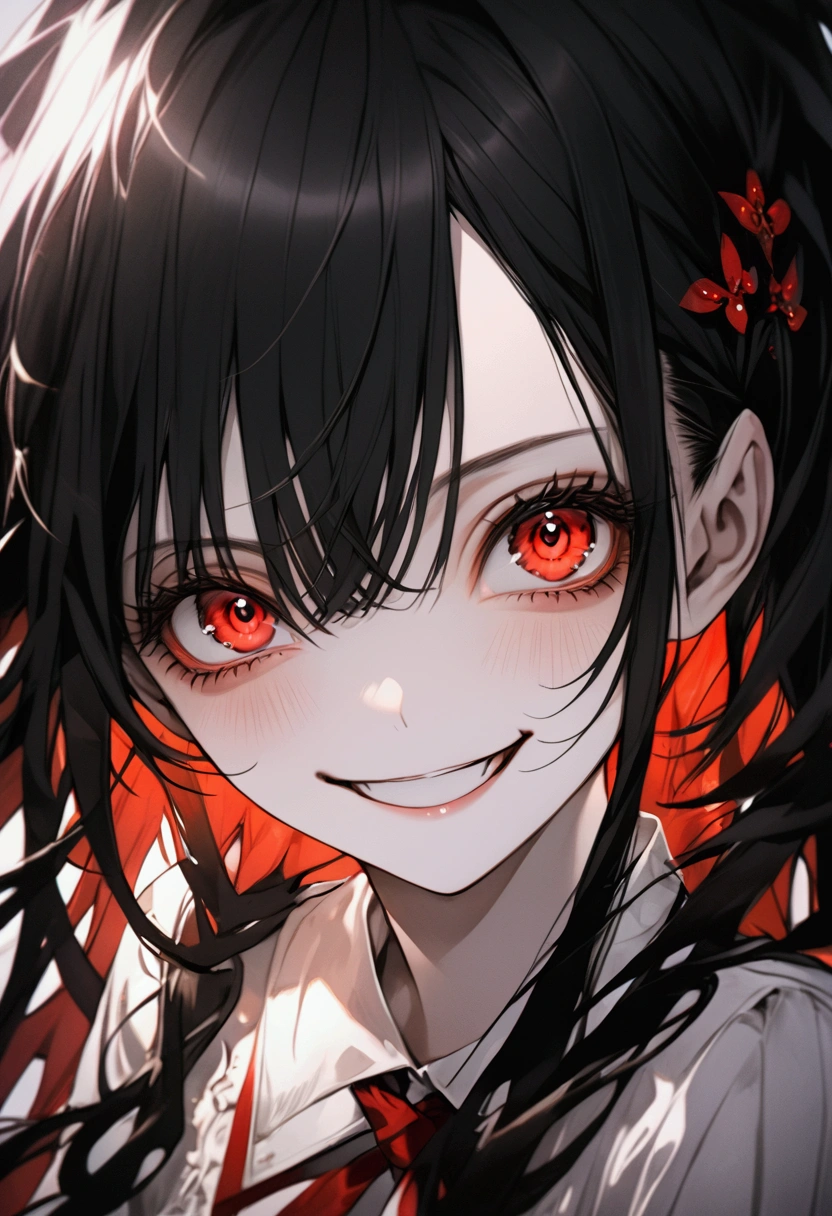 1girl, dark setting, cinematic lighting, crazy smile, psychopatic, red eyes, long black hair, face close-up