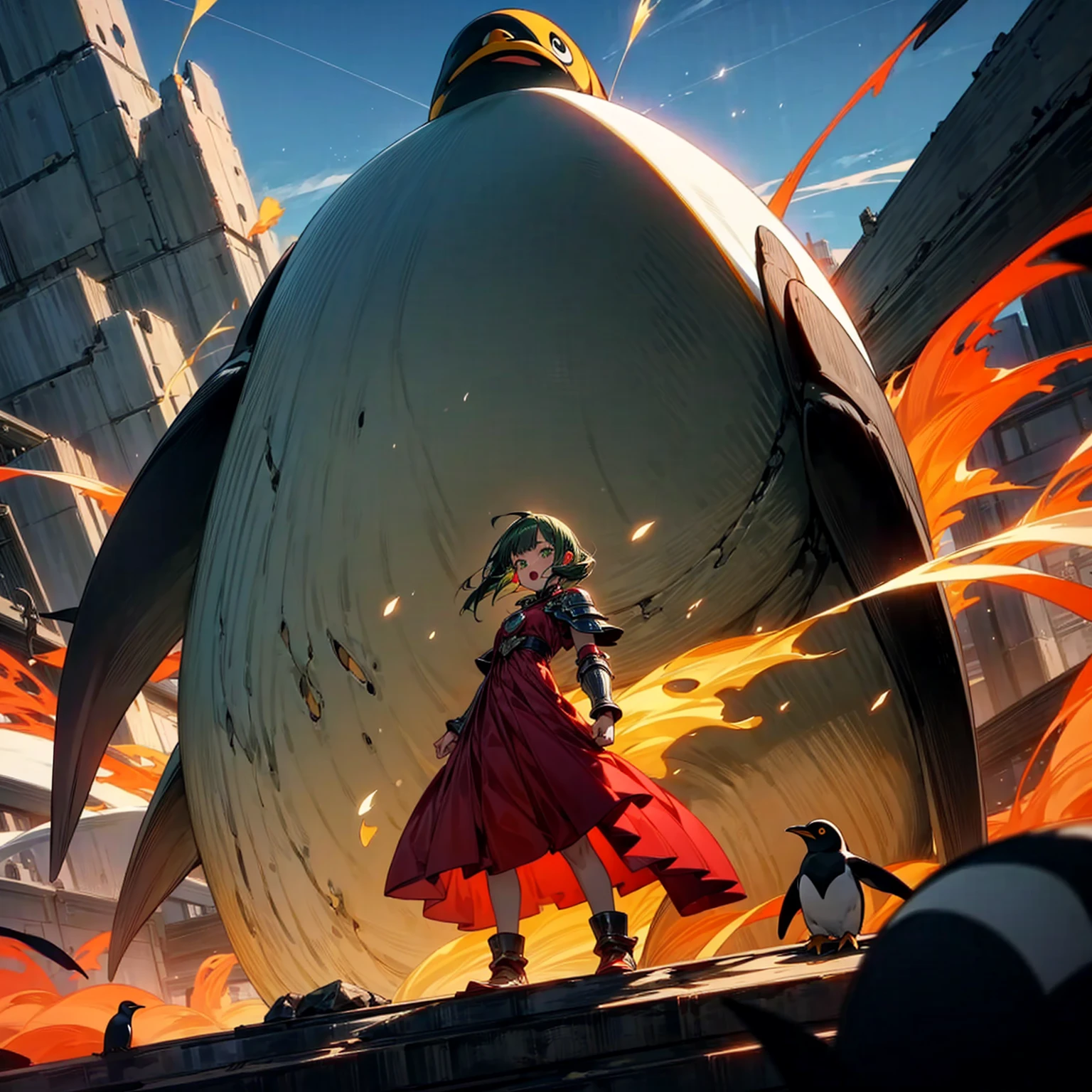 Full body version, one girl sat on his back largest one penguin, one girl has green hair, wavy bob hairstyle, green eyes, red cheeks, red earrings, long dress clothing style, red color clothes, Meanwhile, the penguin is very big, largest body, muscles, Metallic armor in body, wearing head armor, angry penguins, penguins destroy the city, open mouth emitting a large fire laser), (full background of destroyed city, fire, smoke, evening silhouette light, bright light from the penguin mouth)