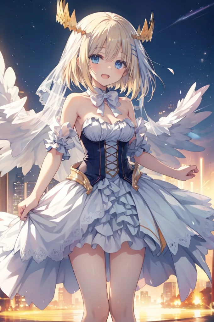 wht1,Absolute area,Open mouth smile,Beautiful background,best quality,masterpiece，Angel Girl, young，12 years old，Blonde with wings, Hart neckline，Holding a bow and arrow