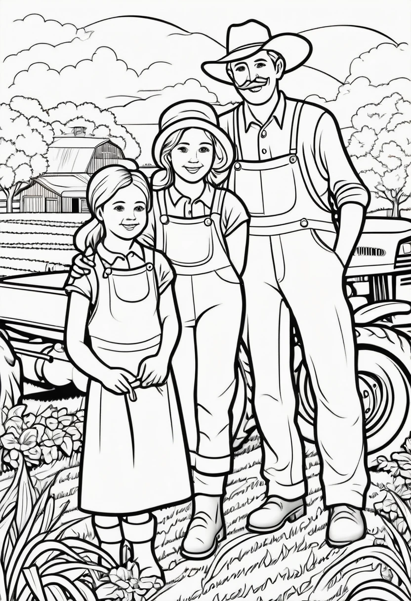 coloring page for kids, Farmer's family working on the farm, thick lines