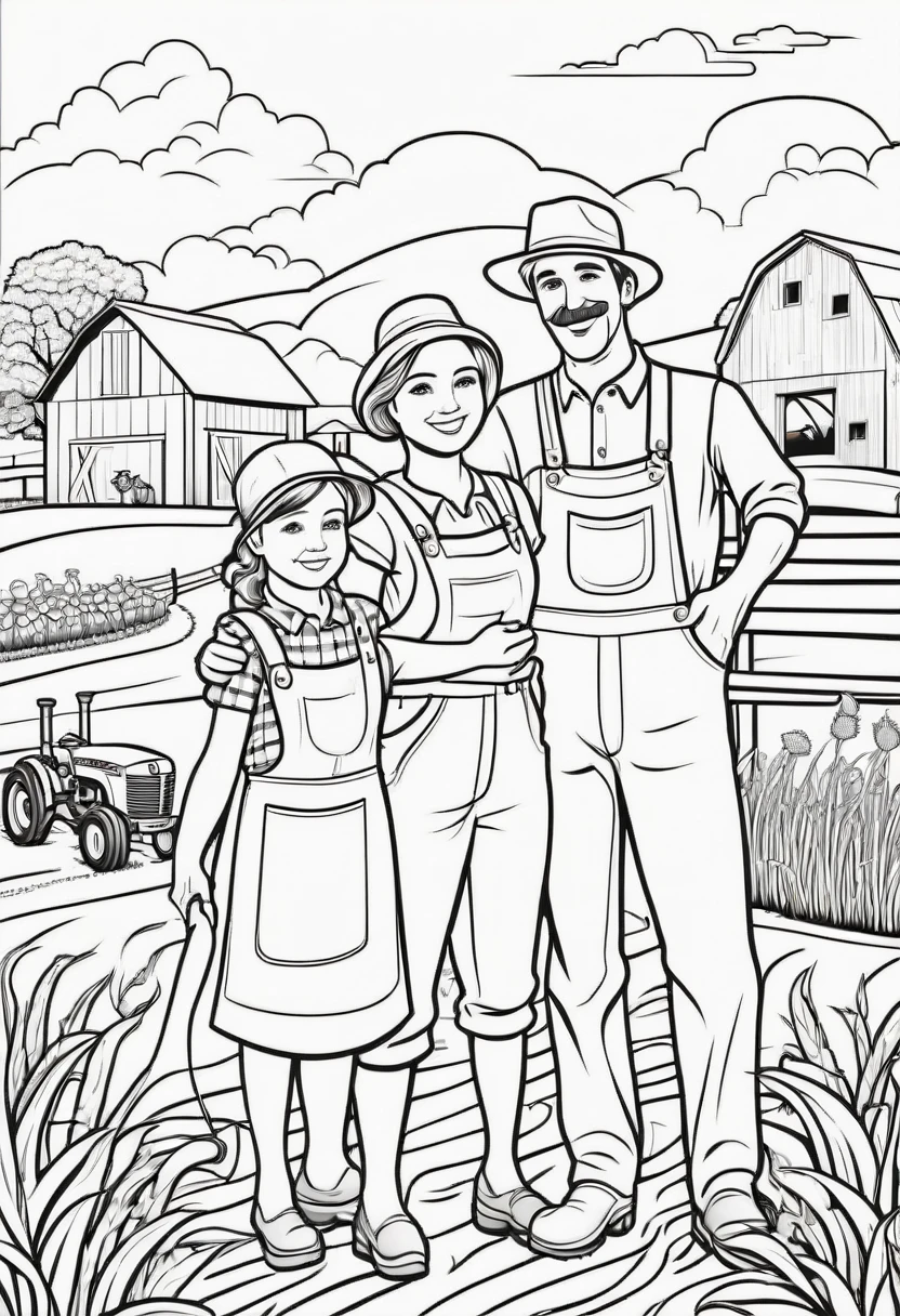 coloring page for kids, Farmer's family working on the farm, thick lines