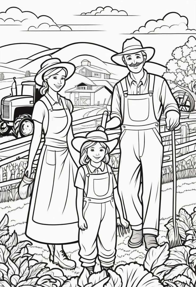 coloring page for ????, Farmer's family working on the farm, thick lines