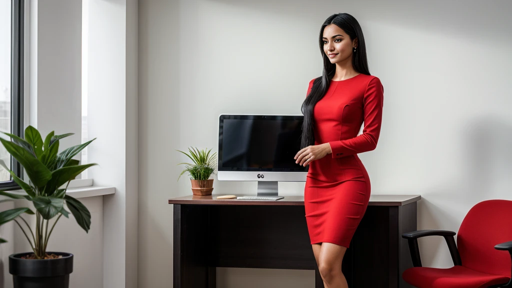 portrait of An 18-year-old (Indonesian:0.5)-(Spanish:1.5) girl, (Long flowing straight Black Hair:1.5), Olive Skin, detailed skin, full makeup, long legs, (slim tall slender fit-muscled body:1.4), defined abs, business-style (red dress:1.5), cinematic shot in 8k HDR, full-body view, emphasizing elegance and professionalism, standing (alone:1.9) confidently, a modern office, red walls, office desk, office chair, laptop, computer, monitor, potted plant, minimalist, clean, simple, sunlight, window, warm lighting, professional