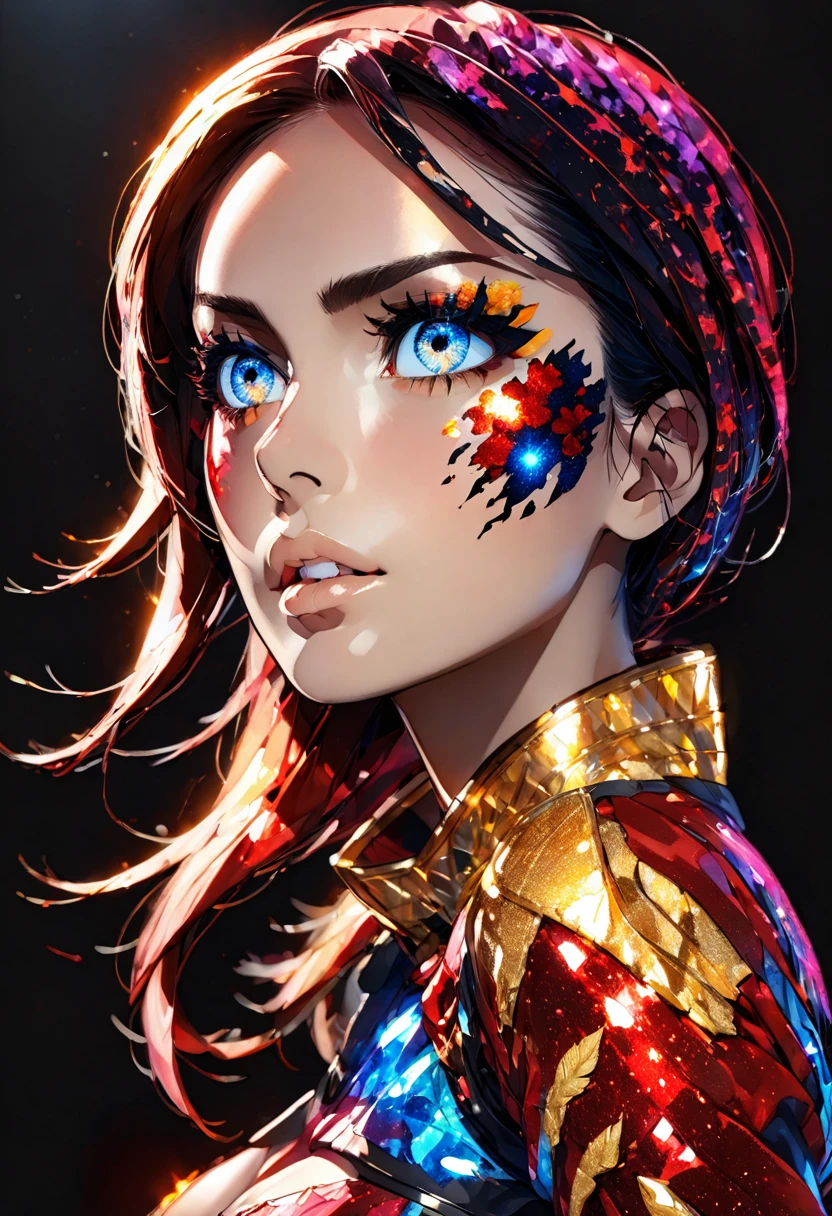 PORTRAIT, only face portrait, macro, aN ANGRY FACE red demon valkyrie next to a black spider portrait, scarface red skin with light and glitter, long black hair with red skulls on hair, shiny and lightening eyes, cosmos eyes, next to a black spider, highly detailed fur (vectorized) yellow lightening eyes, detailed skin, image is compelling with dynamic composition and dark posing. Include many fantasy details such as bumps, phantasmal iridescence, glitter, galaxy, cosmos, fire, ((dark celestialskin hell body, void cosmic body)), (((dark background))), (((lights off))), (((hollywood dark))), horror, dramatic shadows, (in a dark fantasy space:1.3, glitter, sparkle, gleam) vector digital illustration, (black background:1.5)sharp