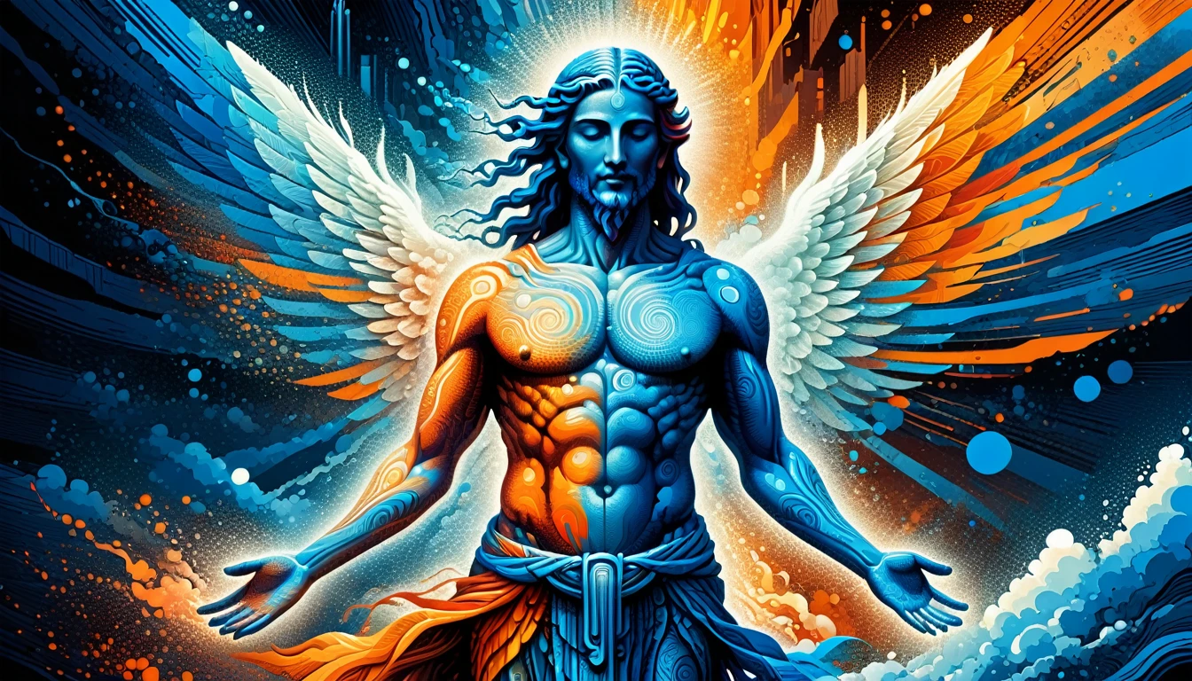 Create a woodcut style image digital art surreal art that depicts a mystical figure with divine characteristics, the figure is one chosen by the gods of spirituality,energy leaving your body, Use a vibrant color palette, including blue, oranges and whites, to create heavenly contrast and a stunning visual effect
