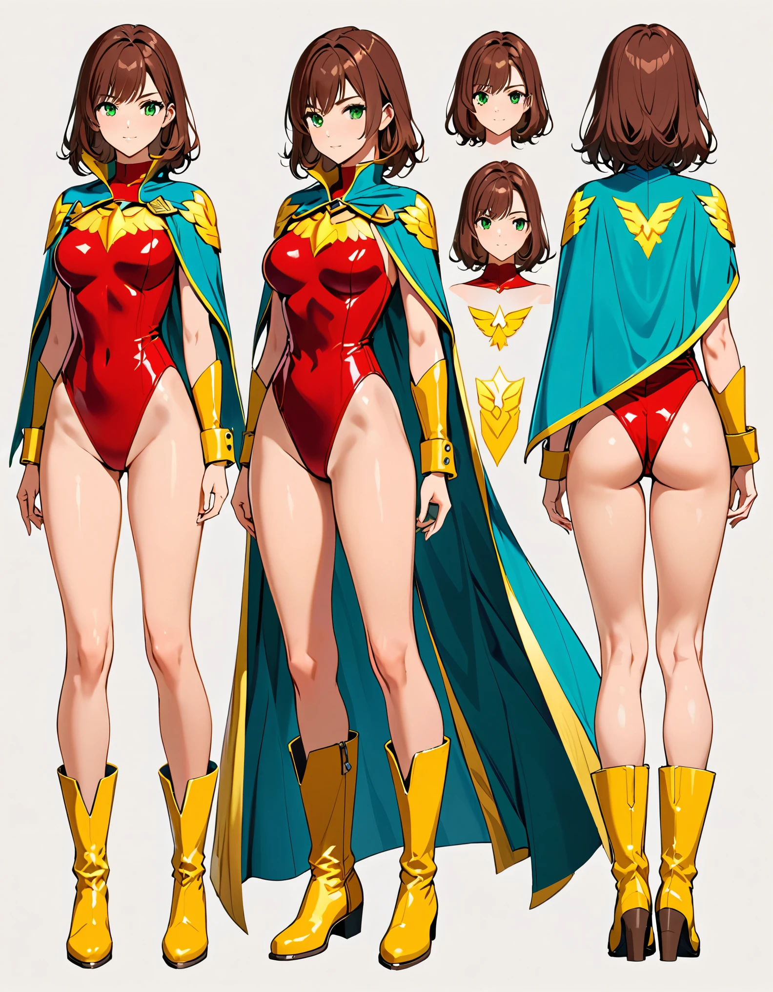 (masterpiece), (best quality), (high res), 1lady, tall body, beautiful detailed eyes, beautiful detailed face, perfect hands, complete fingers, perfect anatomy, perfect proportions, ((brown hair, medium hair, hair down)), ((green eyes)), (leotard, matching leotard), ((red leotard)), ((bare legs)), ((boots, matching boots, knee-high boots, yellow boots)), breasts, medium breasts, (full body portrait), looking at viewer, solo, solo focus, standing, ((belt, tight belt)), (blue sleeves, yellow cuffs), (yellow hawk (symbol) on the chest), (medium cape, (cyan cape)), full body costume design. Simple background, Multiple Views, Character Sheet Full-Length.