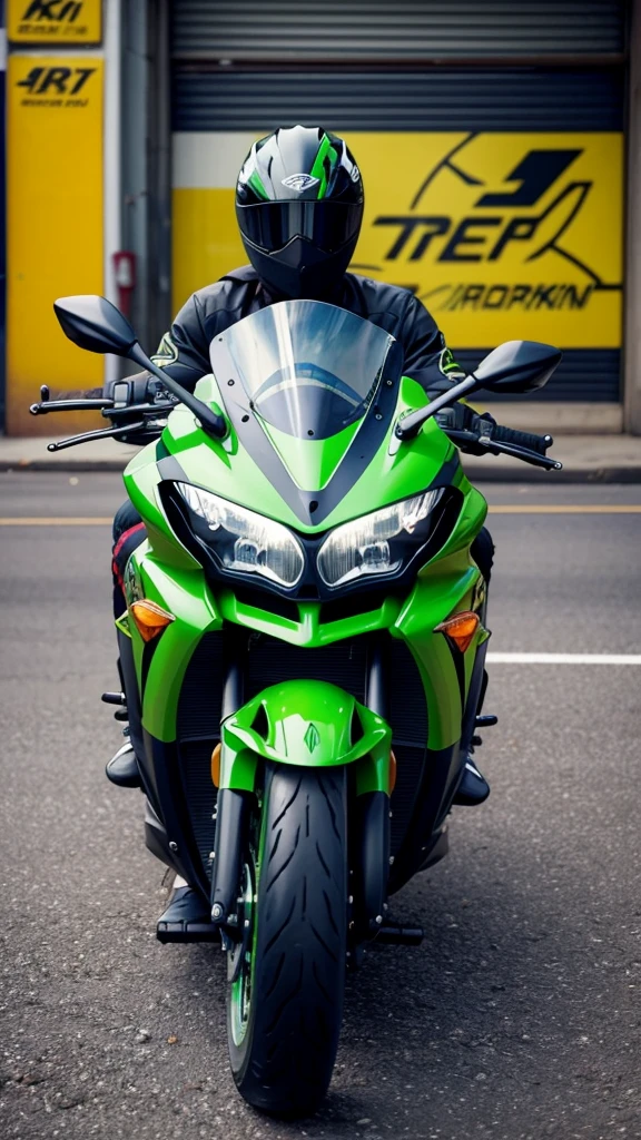 A photo seen from a distance shows a beautiful Malay woman wearing a hijab, perfect body, wearing a red hoodie jacket, layered with a polite shirt with bright floral motifs, strappy flip-flops, dark blue slim fit jeans, standing casually near a colored sports motorbike. shiny green and black. The motorbike is parked on the side of the road with a background of grass and trees, indicating an outdoor atmosphere. The motorbike has a distinctive branding sticker that reads "Ninja Zx-10r", which indicates that it may be the Kawasaki Ninja model which is famous for its performance and popularity in the world. Among sportbike enthusiasts, high-performance motorcycles are often objects of admiration for their superior technical capabilities and speed