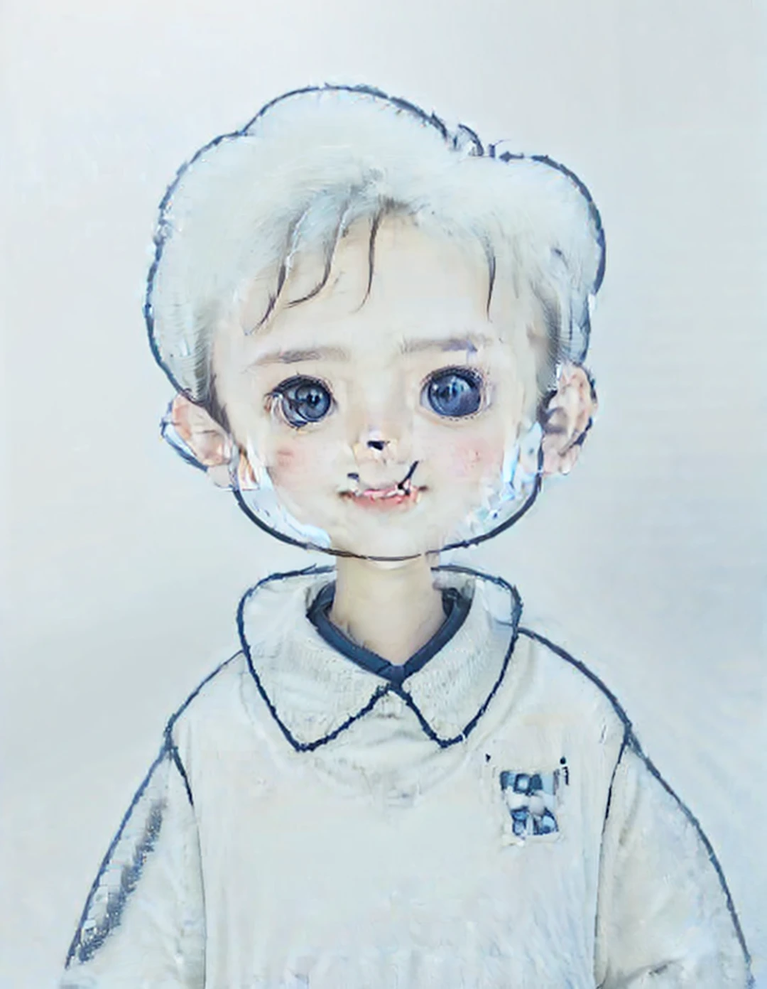 Baby with half a half around the forehead with white hair, bad face, red eyes and with a scar on the eye. With a rabbit teddy in hand