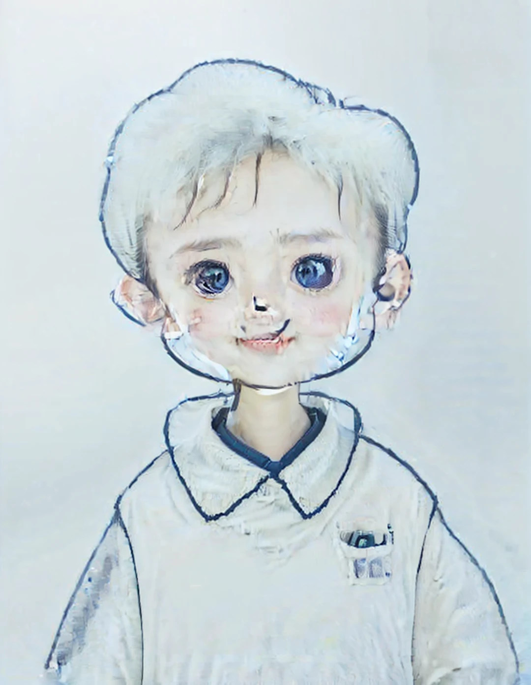boy, school backdrop, brown hair, Big eyes, happy smile, blue vest, gray long sleeve shirt