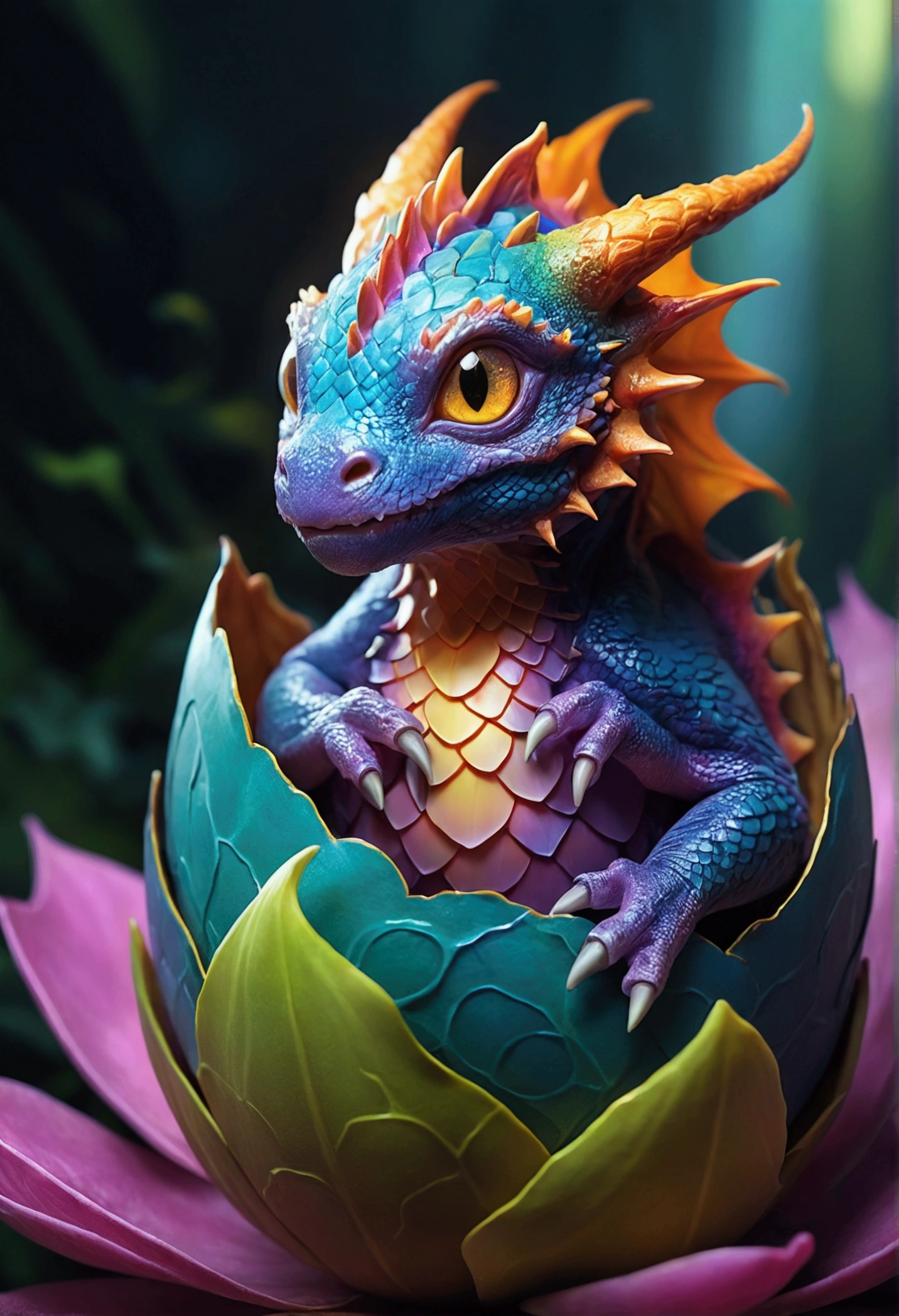 "Mind-blowing cute baby dragon in a metamorphic cataclysm flower egg", Conceptual Art Portrait with 8K Resolution, artgerm, WLOP, dynamic lighting, intrincately detailed,triadic colors, unreal motor 5, volumetric lighting, detailed matte painting, deep color, Fantastic, intricate-detail, opening screen, colors complementary, fantasy concept