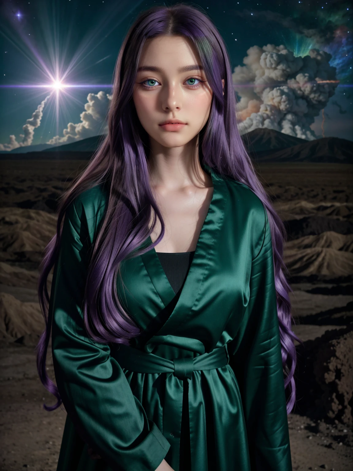 (8k), (highest quality), (best details)Milky Way、purple hair、green eyes、Put on the cassock and pray to God、church、very long hair、Beautiful French woman、NOT Dasha Taran, supernova explosion、Volcanic eruptions、catastrophe、Photography, photorealistic