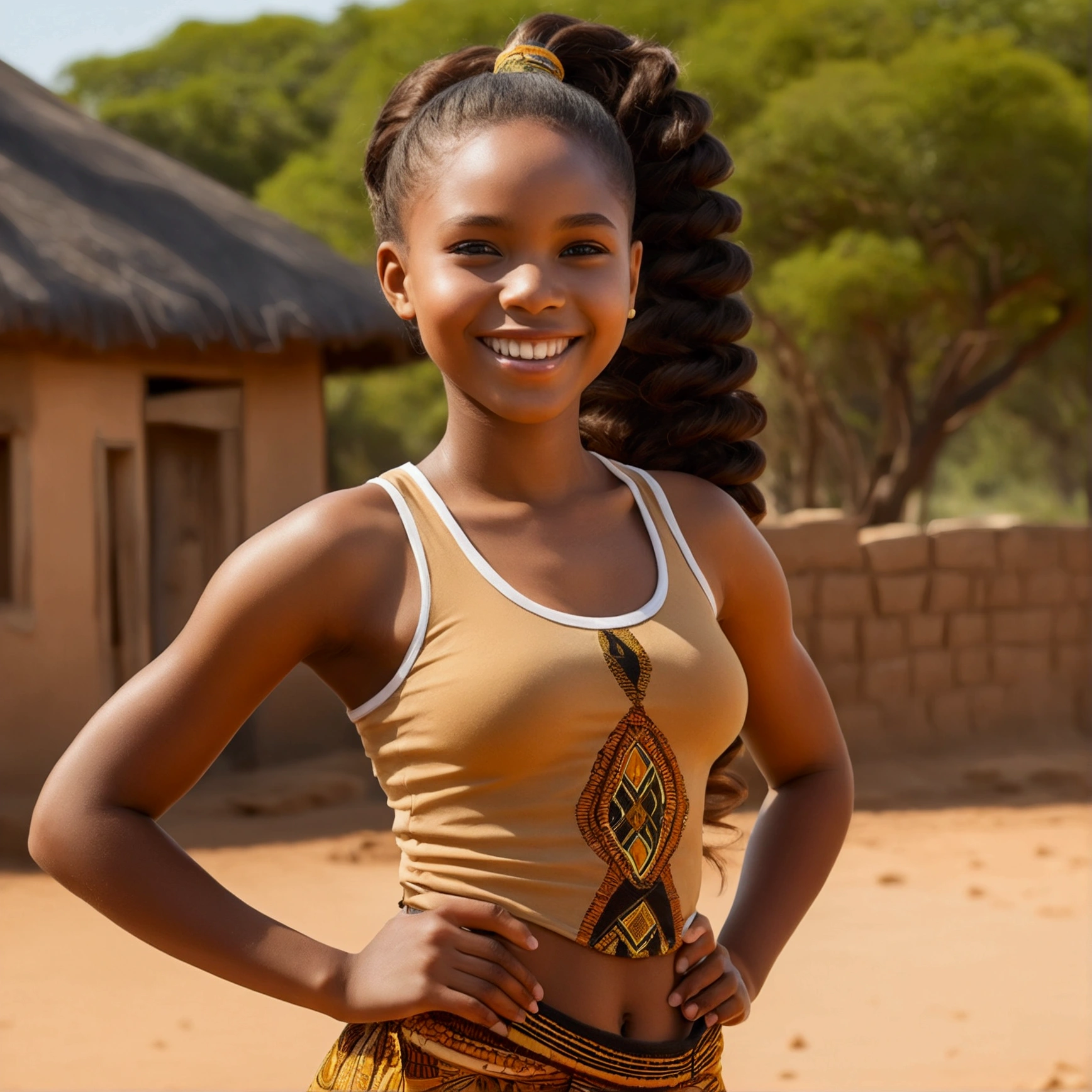 best quality, high detail, (detailed face), detailed eyes,((best quality, masterpiece)), ((2 caramel skinned African girl)), , large butt, (arms at side:1.2),big hip bones, ponytail, black hair, standing, outdoors, smiling