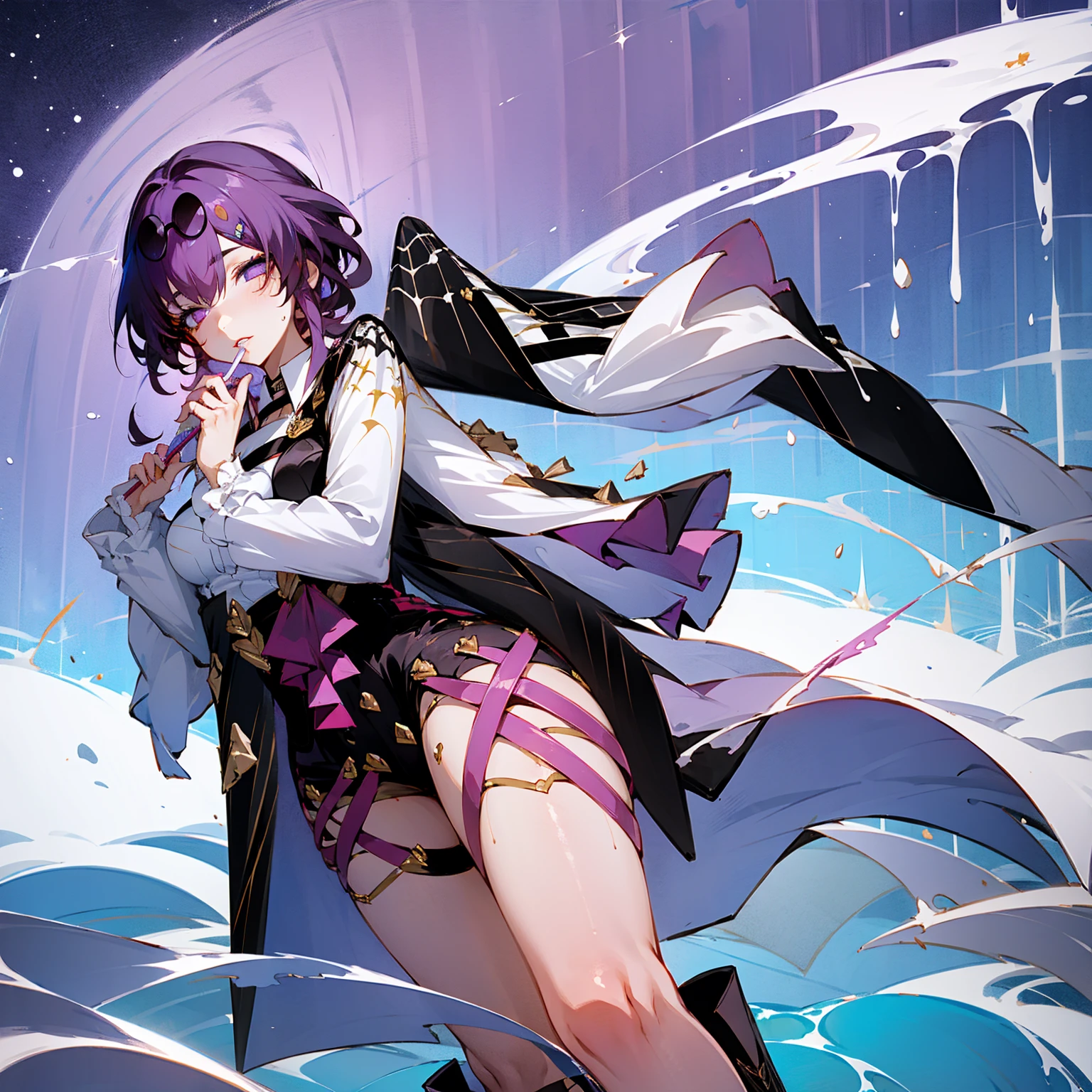 girl, purple hair, penguin hairpin, short hair, white school shirt, short skirt, high socks, sucking on a lollipop, glittering galaxy-colored eyes, calm water scene