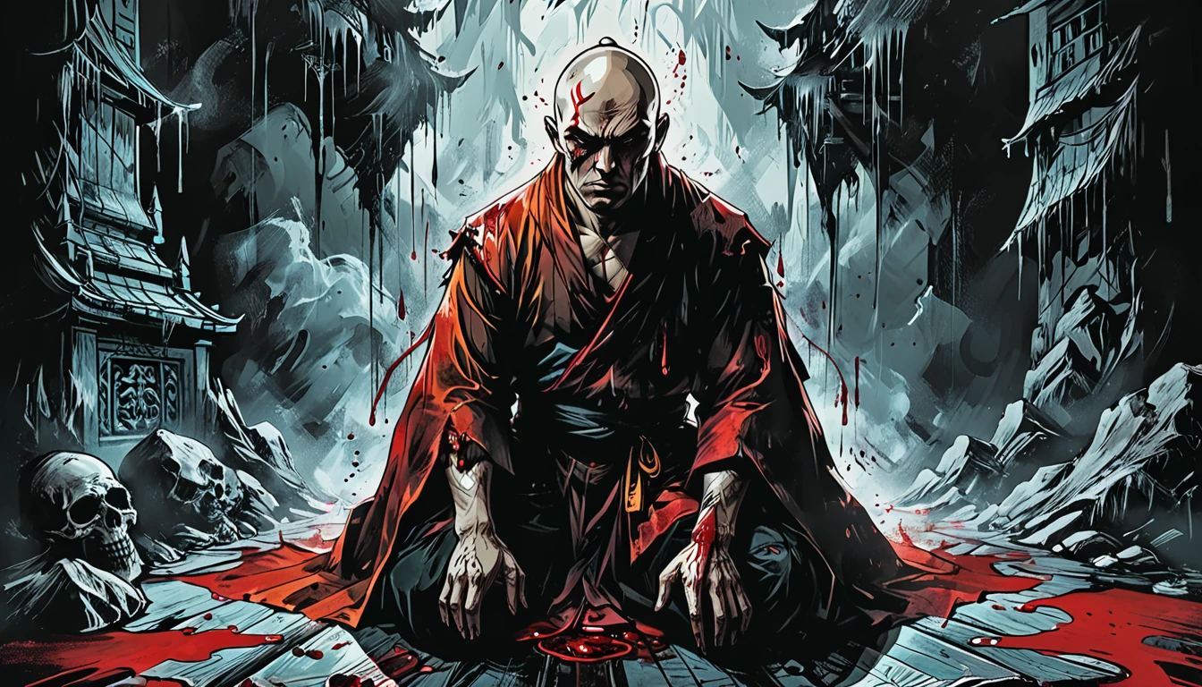 in the foreground is the lower part of the demon black legs bloody fists, (graphic novel style, dark novel style, comic style, 2d:1.5), (hyperrealism, masterpiece:1.4), (colourful, soft cinematic light:1.1), incredibly lifelike, Extremely high-resolution details, 8k, blood dripping, many dead monks in kashaya (lies) with their eyes closed in a blood, blood everywhere, night, outside a Buddhist temple, fire, blood, bald, ((lying on their backs)), (the monks lie bleeding),