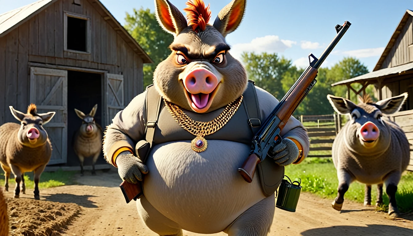 An angry hen with a pistol in its hand is coming towards the camera. Beside it, on the right, is a fat pig with gold necklaces, sunglasses, a cigarette, and a shotgun. On the left, a laughing donkey in a basketball suit holds an AK-47. They are on a farm, surrounded