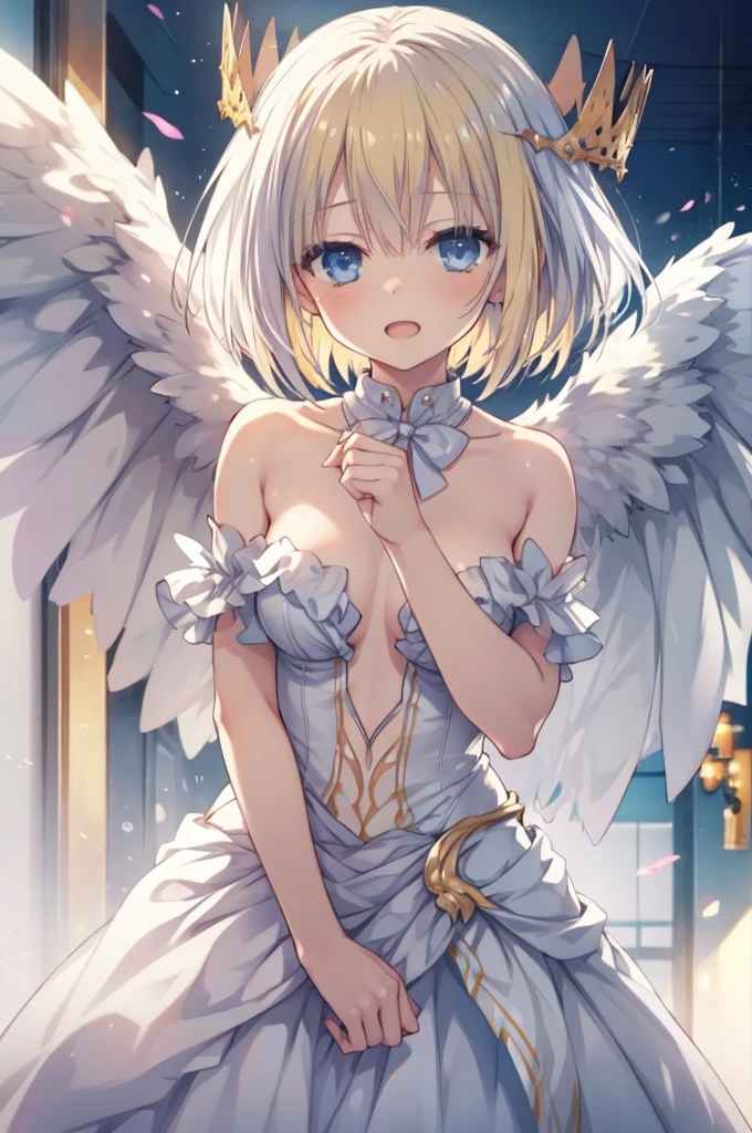 wht1,Absolute area,Open mouth smile,Beautiful background,best quality,masterpiece，Angel Girl, young，12 years old，Blonde with wings, Heart neckline，Holding a bow and arrow