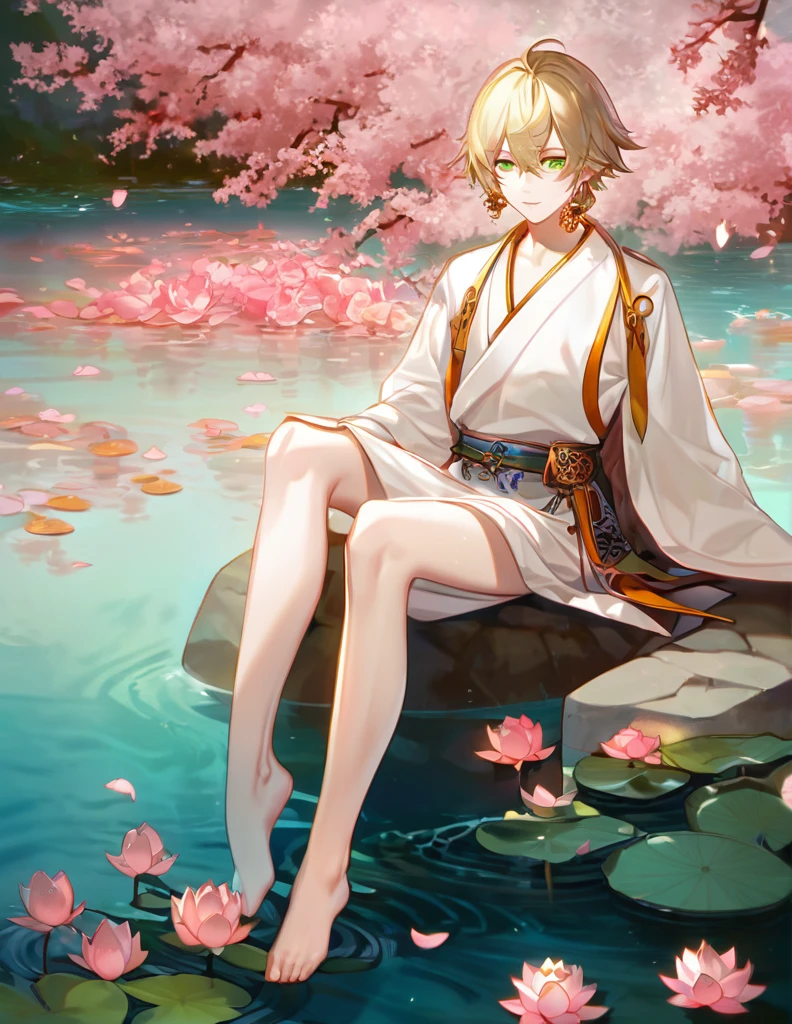 (absurd, highres, ultra detailed, HDR), masterpiece, best quality, perfect face, fine features, bright green eyes, solo, male, handsome, Taishakuten, ash blonde hair, hair between eyes, white tunic, chest, lotus earrings, onmyoji , pink petals, pink butterflies, sitting on the shore of a lake, looking at the water, full body image, perfect anatomy.