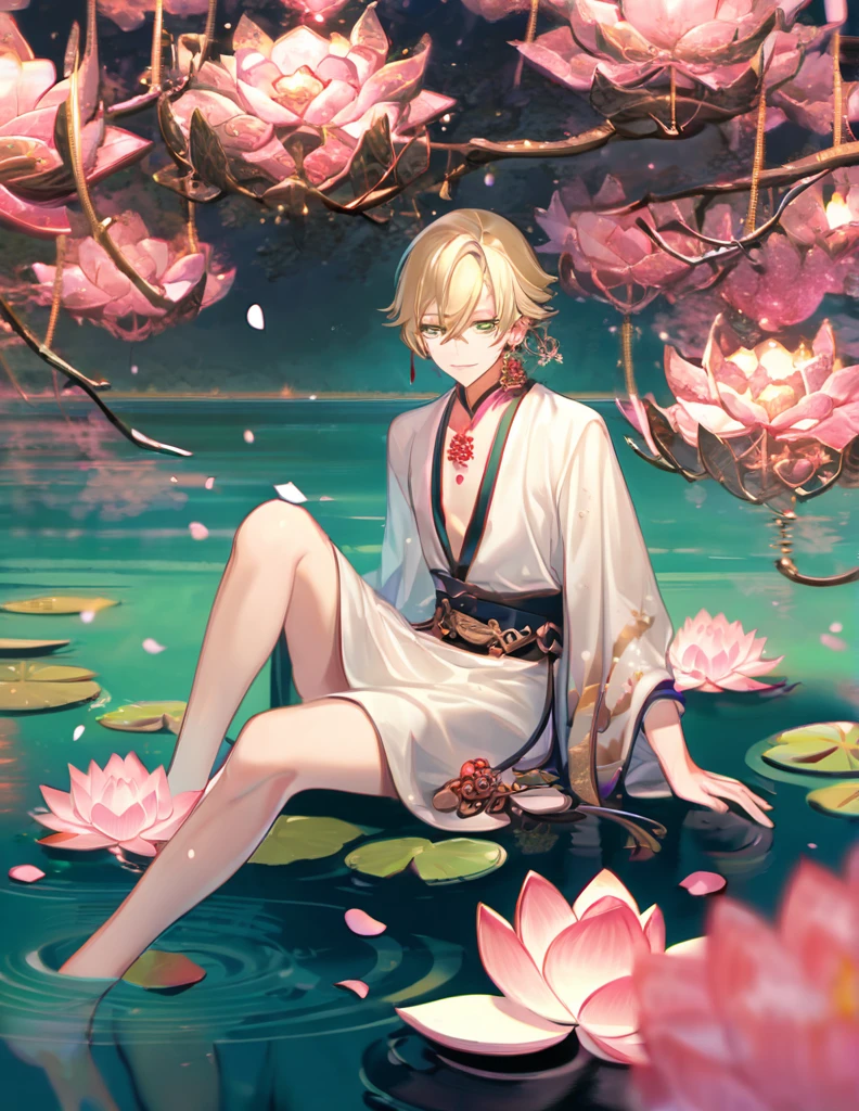 (absurd, highres, ultra detailed, HDR), masterpiece, best quality, perfect face, fine features, bright green eyes, solo, male, handsome, Taishakuten, ash blonde hair, hair between eyes, white tunic, chest, lotus earrings, onmyoji , pink petals, pink butterflies, sitting on the shore of a lake, looking at the water, full body image, perfect anatomy.