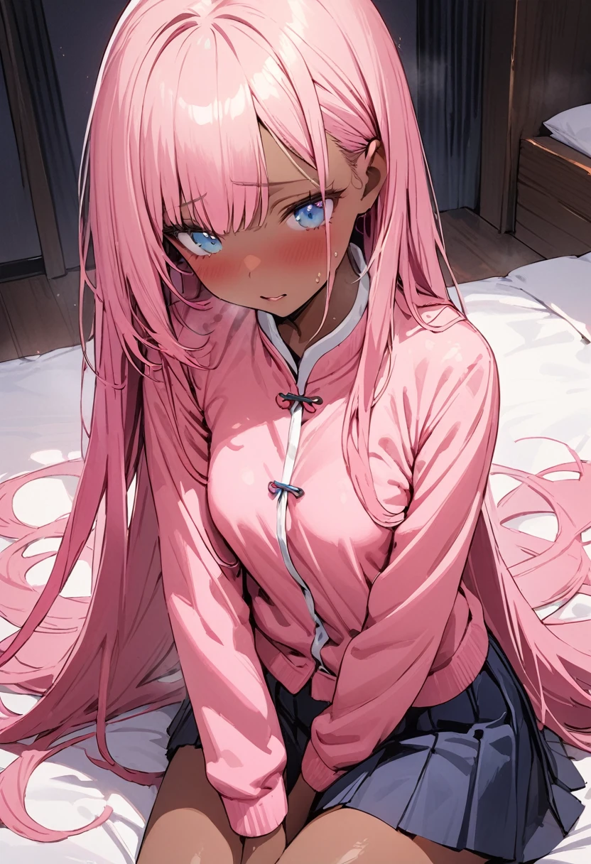 ((masterpiece,Highest quality:1.3,best quality illustration)),cowboy shot,独奏,1woman,(Mature Beauty),pink hair,straight long hair,bangs,light blue eyes,(gorgeous eyes),((very small head:1.3)),shy,((very long body:1.2,skinny)),(tan skin),small breasts,(Pink baseball jacket、Navy blue pleated mini skirt),gleaming skin,oily skin,slender body,sweat,sitting,Simple bed、Simple hotel bedroom、nsfw,