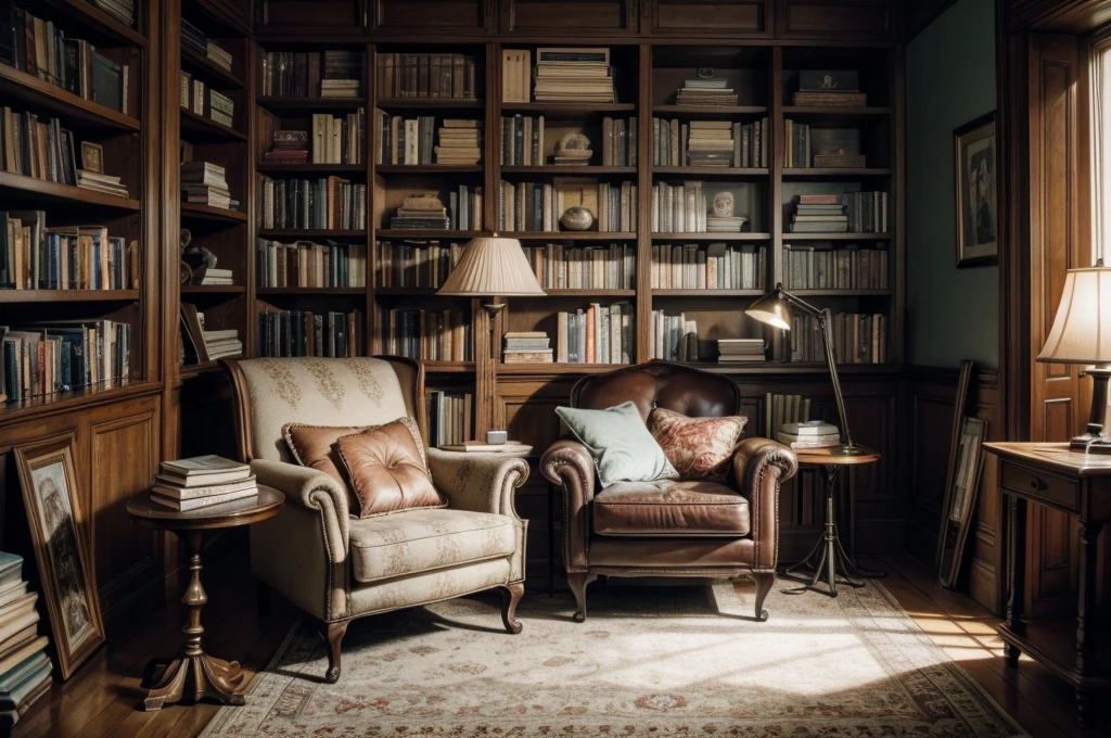 Cozy room, camera focusing on an armchair, background bookshelf with several books, table in front of the armchair with a lamp and an open book.