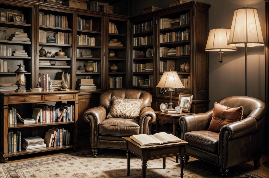 Cozy room, camera focusing on an armchair, background bookshelf with several books, table in front of the armchair with a lamp and an open book.