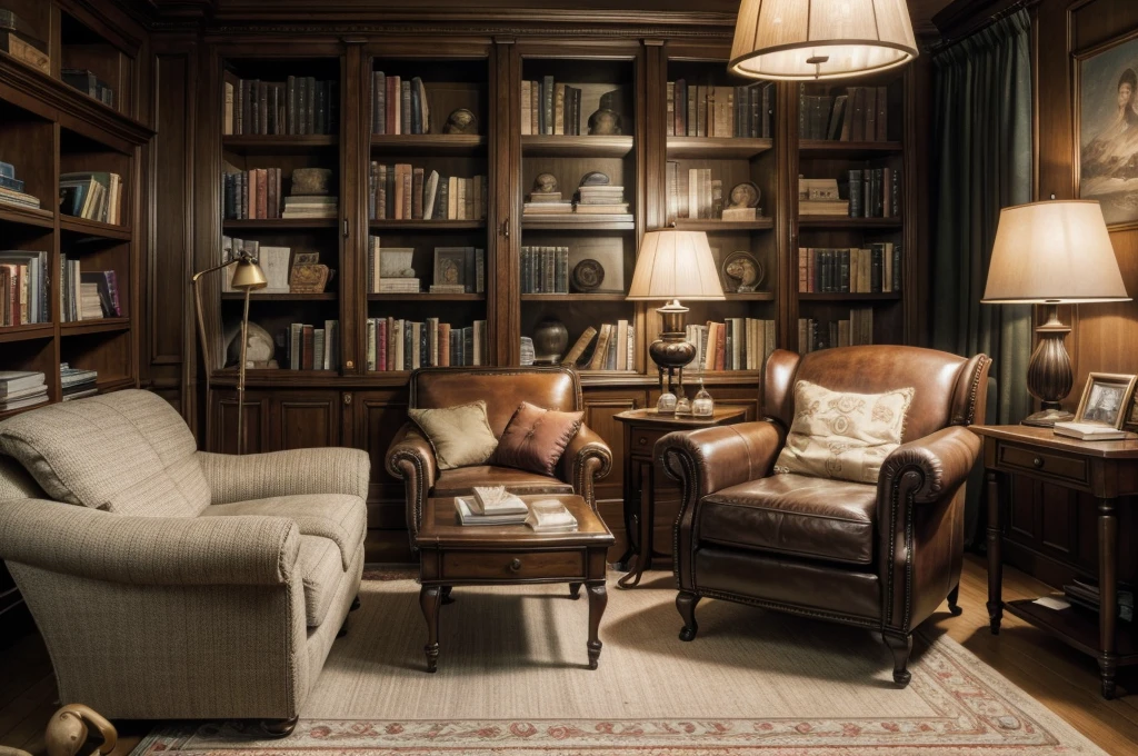 Cozy room, camera focusing on an armchair, background bookshelf with several books, table in front of the armchair with a lamp and an open book.