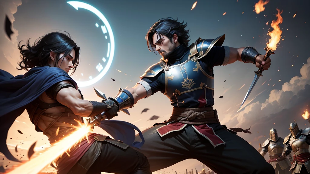 : "The opponent, a member of a rival clan, raises his shield just in time to block the sword strike. The force of the impact causes the opponent to stagger back slightly."