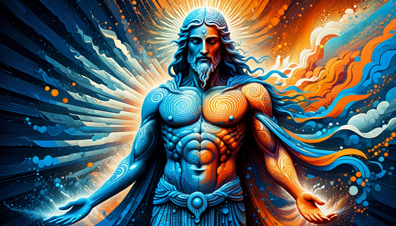 Create a woodcut style image digital art surreal art that depicts a mystical figure with divine characteristics, the figure is one chosen by the gods of spirituality, Use a vibrant color palette, including blue, oranges and whites, to create heavenly contrast and a stunning visual effect