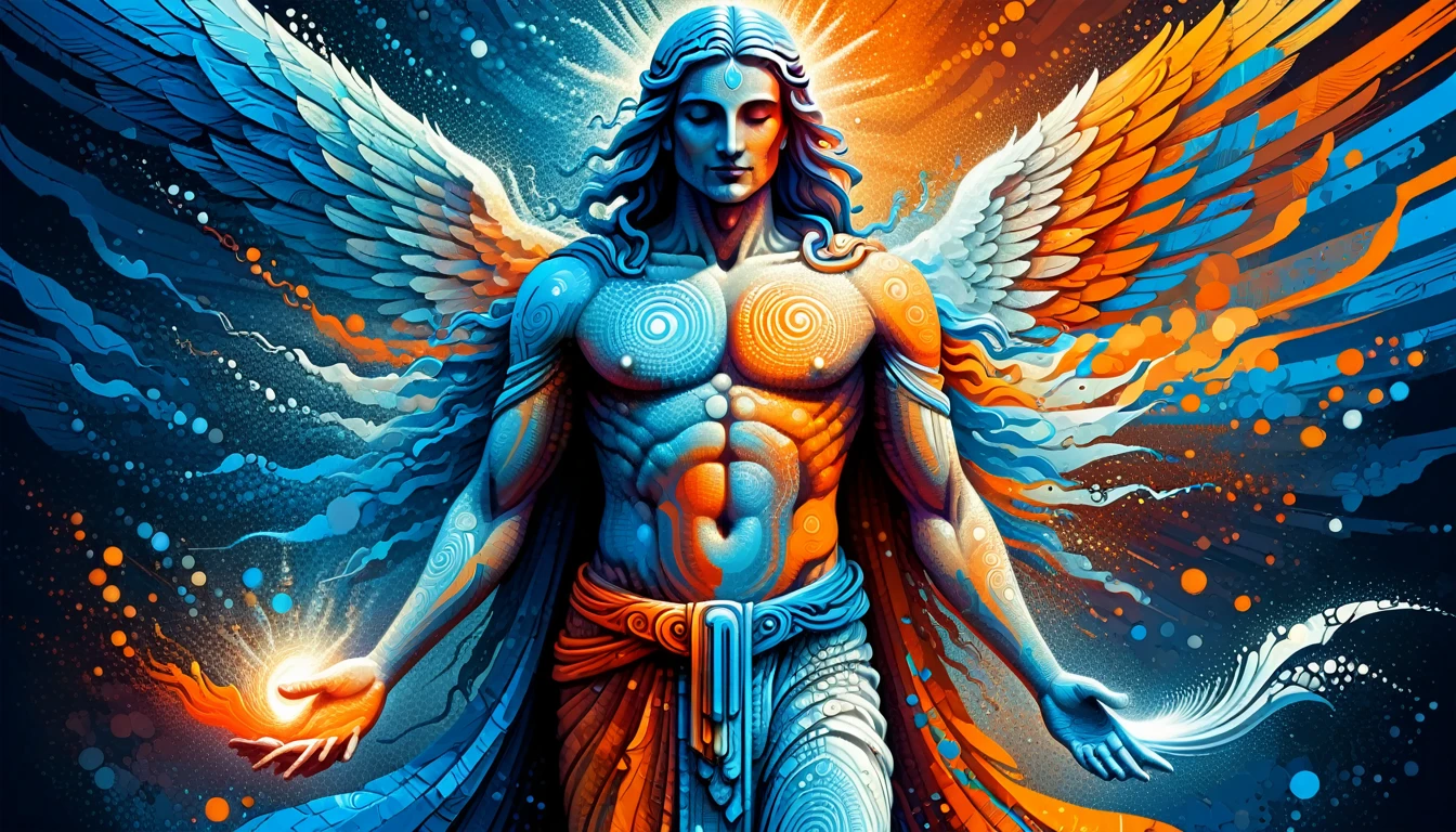 Create a woodcut style image digital art surreal art that depicts a mystical figure with divine characteristics, the figure is one chosen by the gods of spirituality, Use a vibrant color palette, including blue, oranges and whites, to create heavenly contrast and a stunning visual effect