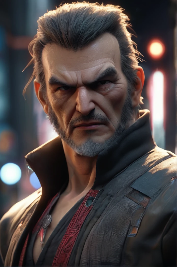 Close-up of a person standing in the street with the lights on, a character portrait inspired by Han Gan, CG society hot topic, Neo-Dada, Cyberpunk Old Man, Cinematic close-up bust shots, As a Tekken character, Drainage from the splice, UHD Realistic Face, Chinatown Blade Runner, Cyberpunk Art Ultra Realistic 8K