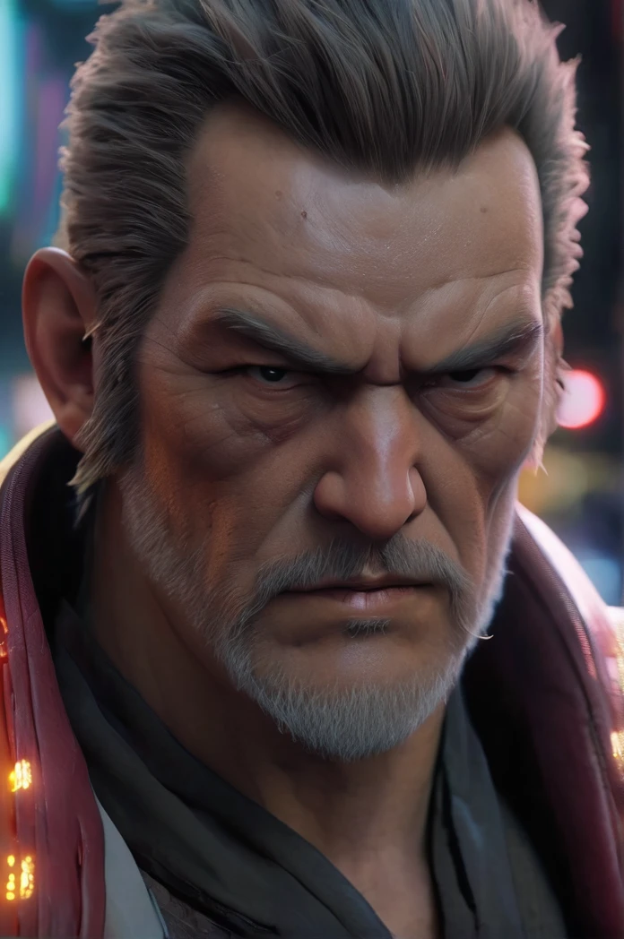 Close-up of a person standing in the street with the lights on, a character portrait inspired by Han Gan, CG society hot topic, Neo-Dada, Cyberpunk Old Man, Cinematic close-up bust shots, As a Tekken character, Drainage from the splice, UHD Realistic Face, Chinatown Blade Runner, Cyberpunk Art Ultra Realistic 8K