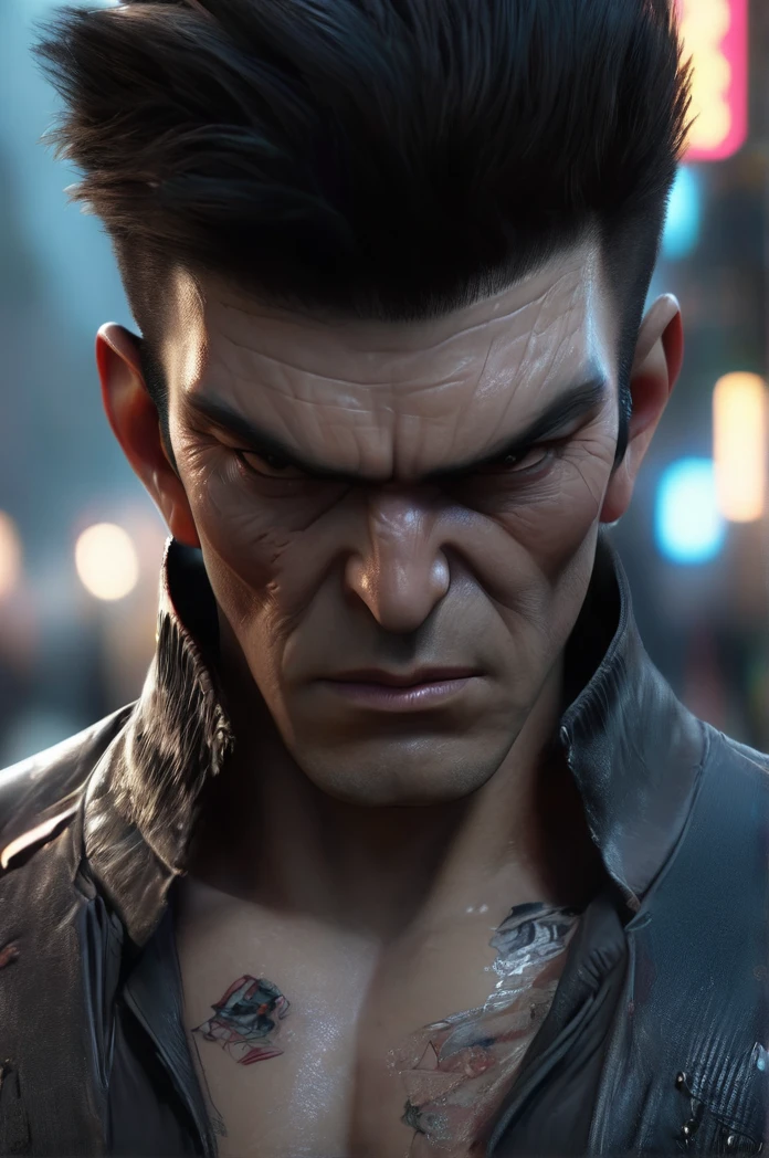 Close-up of a person standing in the street with the lights on, a character portrait inspired by Han Gan, CG society hot topic, Neo-Dada, Cyberpunk Old Man, Cinematic close-up bust shots, As a Tekken character, Drainage from the splice, UHD Realistic Face, Chinatown Blade Runner, Cyberpunk Art Ultra Realistic 8K