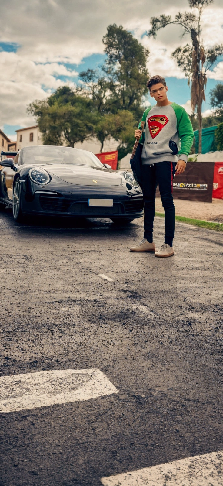 uma obra prima, 1 boy next to a porshe, blackquality hair, cool sweatshirt, looking at camera, epic landscape, 1080x980