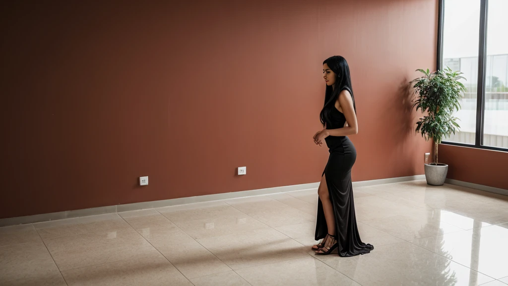 portrait of An 18-year-old (Indonesian:0.5)-(Spanish:1.5) girl, (Long flowing straight Black Hair:1.5), Olive Skin, detailed skin, full makeup, long legs, (slim tall slender fit-muscled body:1.4), defined abs, business-style (red dress:1.5), (looking directly at the viewer:1.5), cinematic shot in 8k HDR, upper-body view, emphasizing elegance and professionalism, standing (alone:1.9) confidently, a modern office, red walls, office desk, office chair, laptop, computer, monitor, potted plant, minimalist, clean, simple, sunlight, window, warm lighting, professional