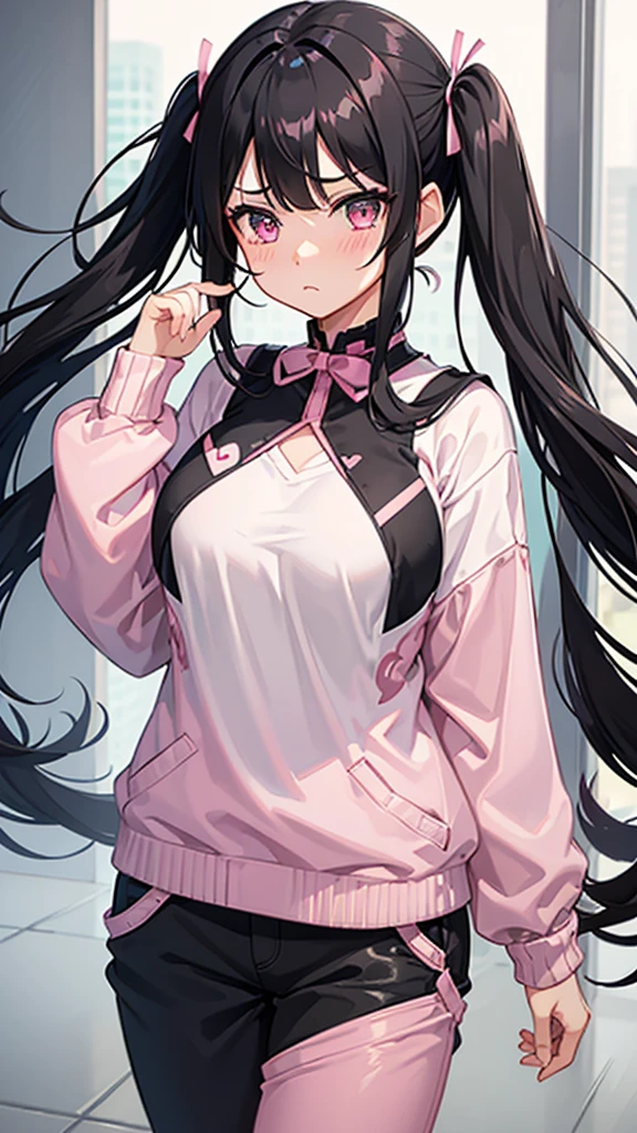 One girl, Black Hair, Twin tails, Very long hair, Bangs, Large Breasts, Blushing, Pink eyes, Slanted Eyes, Shy, I want to cry, Frowning, Pink ribbon, Young,Pink Pants
