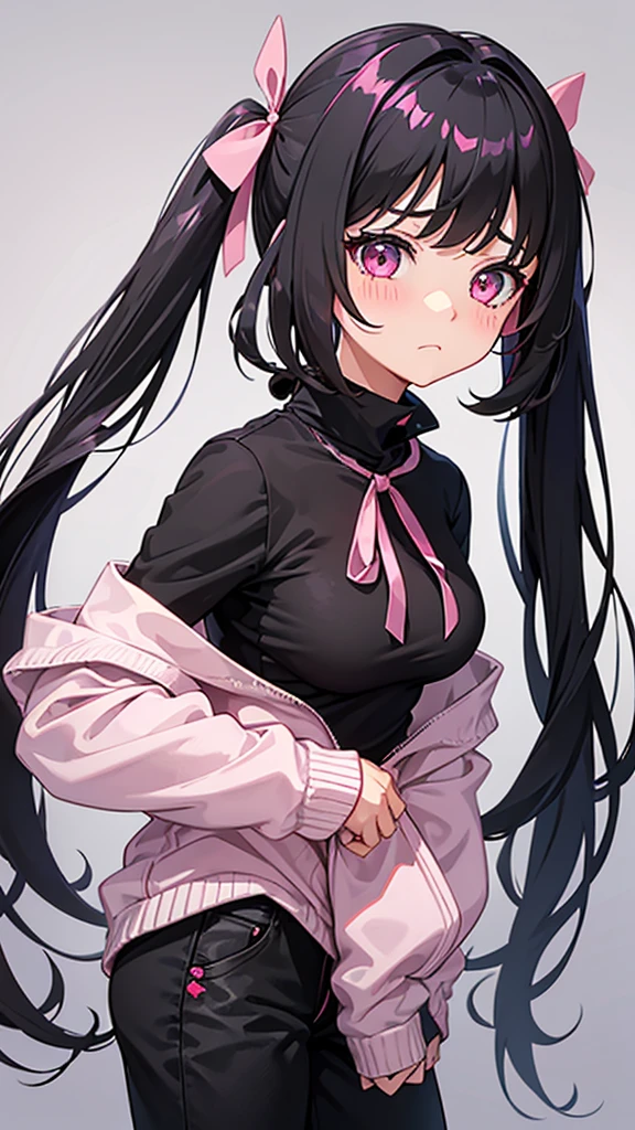 One girl, Black Hair, Twin tails, Very long hair, Bangs, Large Breasts, Blushing, Pink eyes, Slanted Eyes, Shy, I want to cry, Frowning, Pink ribbon, Young,Pink Pants