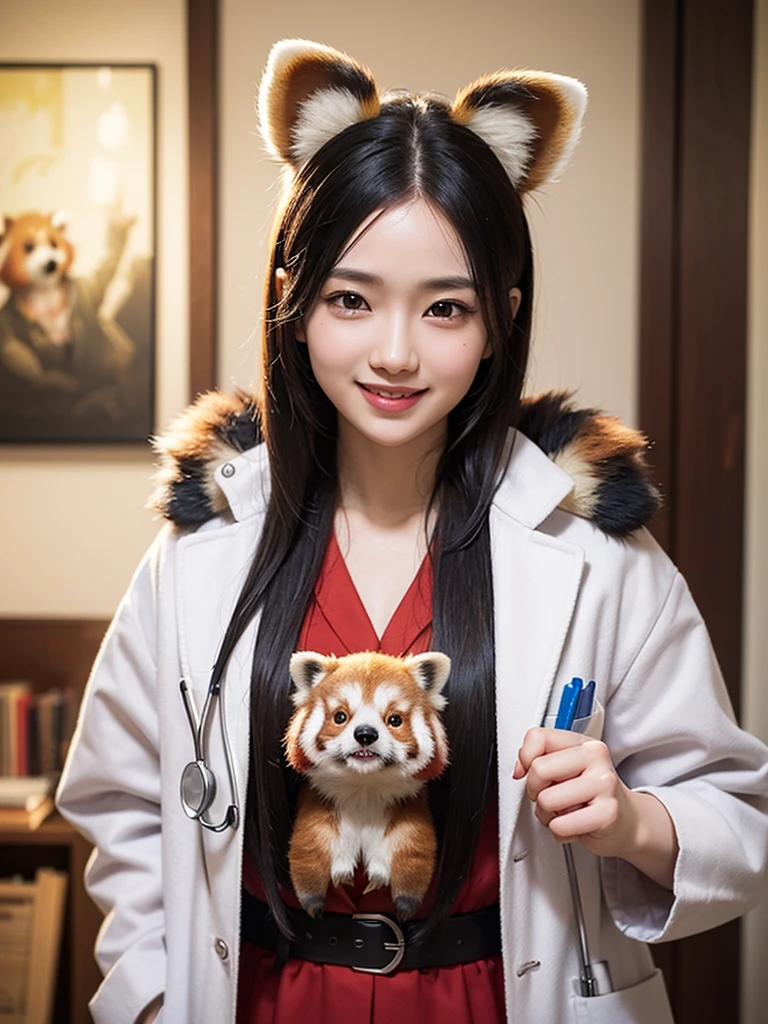 (Masterpiece, best quality, The CG is very detailed., complicated details: 1.2), 8K wallpaper, Masterpiece, best quality, Rewards-Limited, High quality, Superb details, Highly detailed, textured skin, cute, UHD, Anatomically correct, Pixar style, (A cute Red Panda Wearing doctor's Coat: 1.2), doctor, Happy sweet smile. fairy tale, Bright colors, natural light, Face focus, simple background