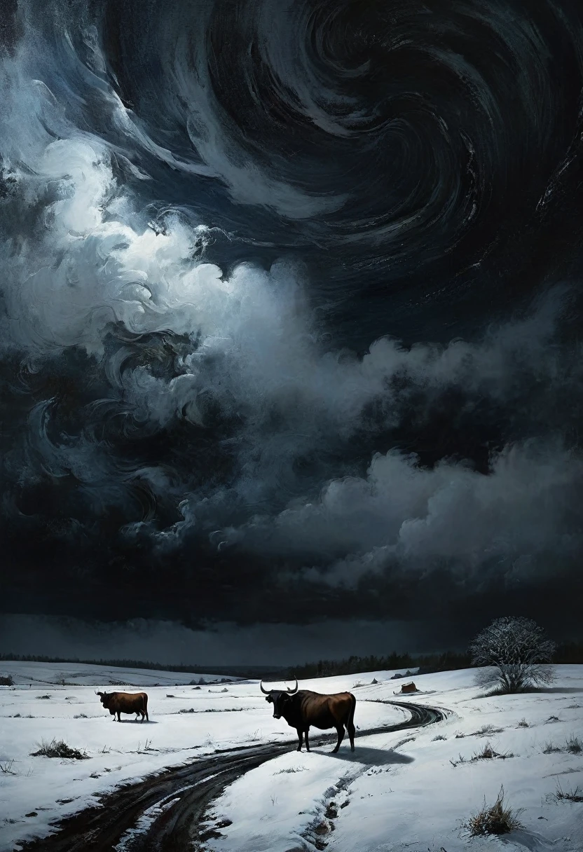 A storm with darkness covers the sky with swirls of snow, then howl like an ox, then he cries like one , digitalpainting, high quality the darkest and longest night of the year, estilo de Andrew Wyeth, Charlie Bowett, Alberto José Penaud, Dariusz Zawadzki. Tetsuya Ishida. Zdzislaw beksinski. Patrizia Piccinini. Marcos Powell. Ralph Blakelock, Ed Emshwiller, Marianne wrote, (best qualityer, work of art 1.2) - ((best qualityer)), ((work of art)) (detail), 16K.
