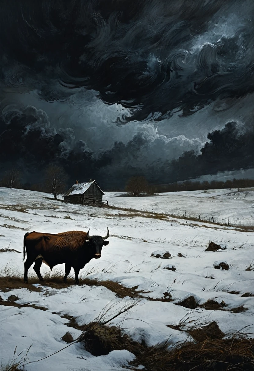A storm with darkness covers the sky with swirls of snow, then howl like an ox, then he cries like one , digitalpainting, high quality the darkest and longest night of the year, estilo de Andrew Wyeth, Charlie Bowett, Alberto José Penaud, Dariusz Zawadzki. Tetsuya Ishida. Zdzislaw beksinski. Patrizia Piccinini. Marcos Powell. Ralph Blakelock, Ed Emshwiller, Marianne wrote, (best qualityer, work of art 1.2) - ((best qualityer)), ((work of art)) (detail), 16K.