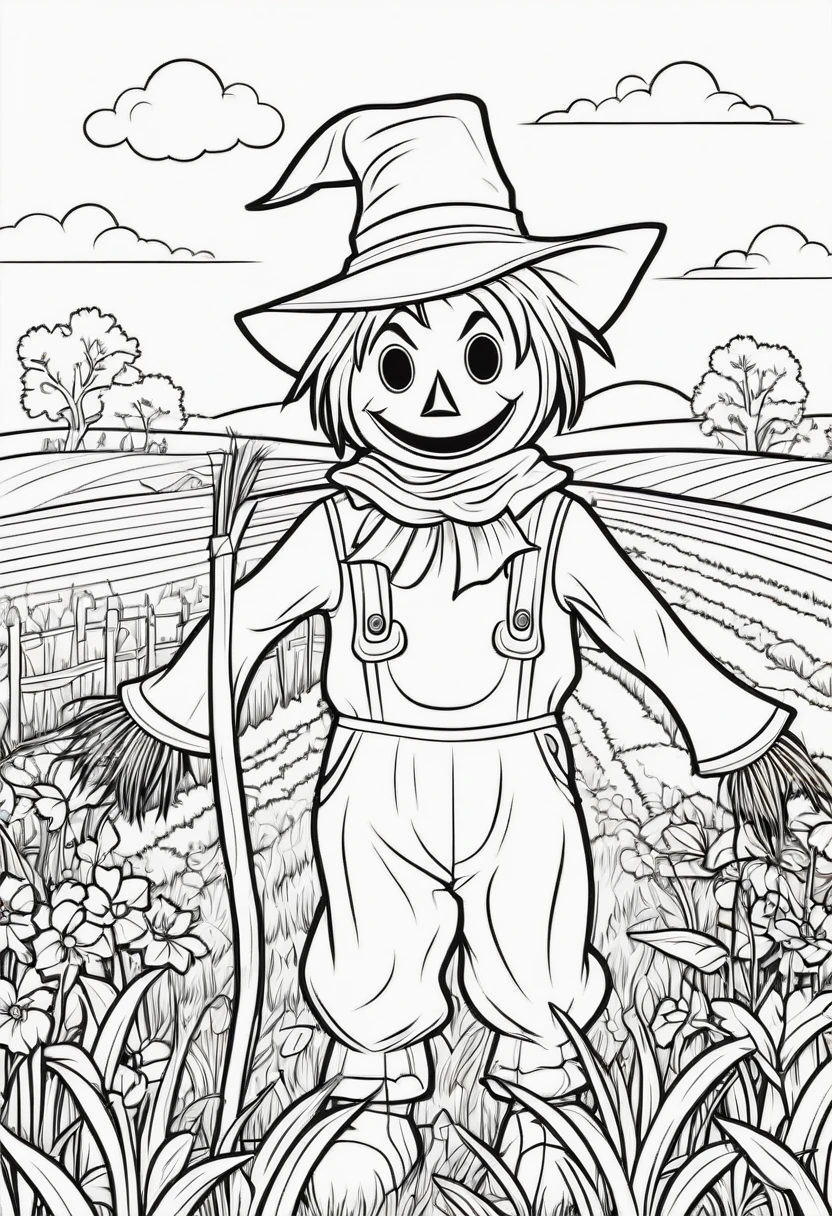 coloring page for kids, Scarecrow in a field, cartoon style, thick lines