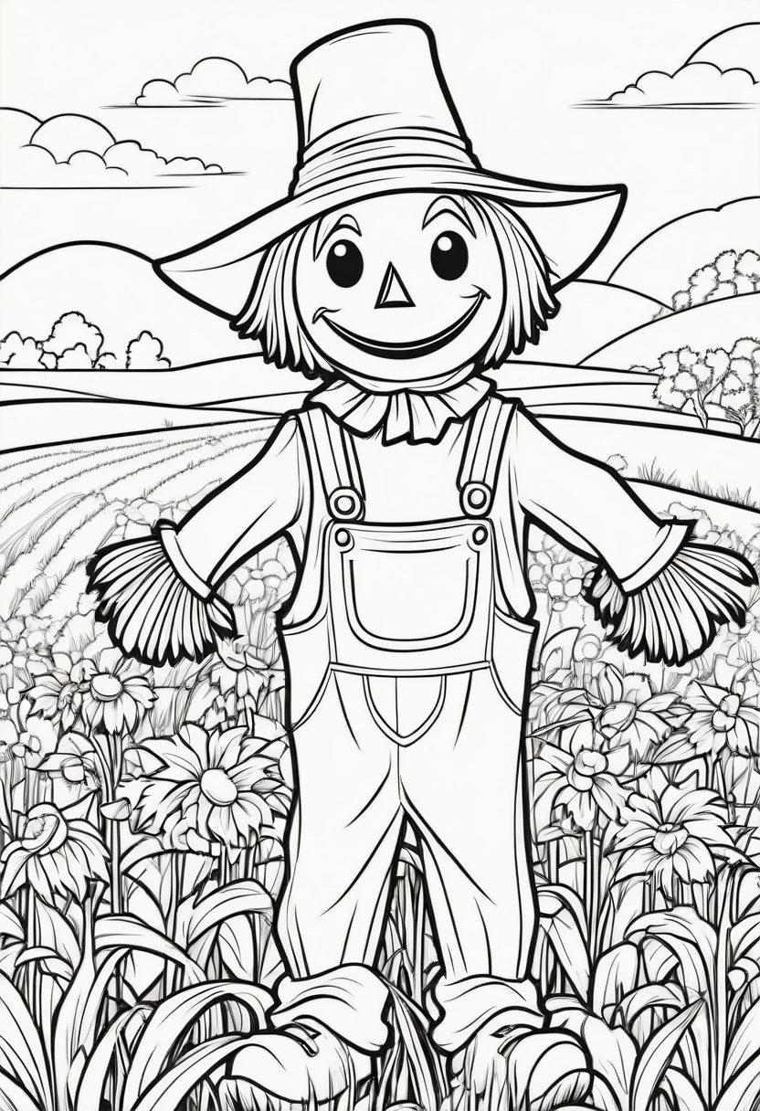 coloring page for kids, Scarecrow in a field, cartoon style, thick lines