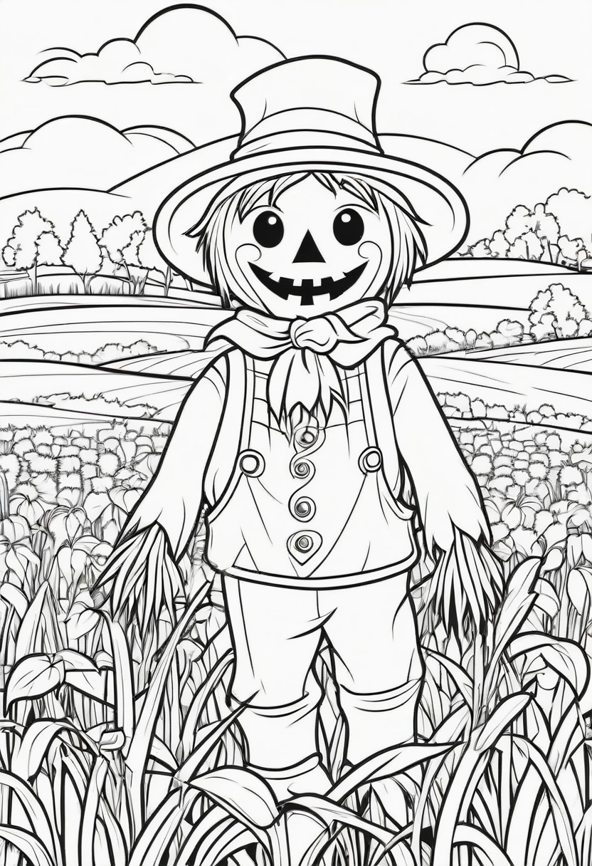 coloring page for kids, Scarecrow in a field, cartoon style, thick lines