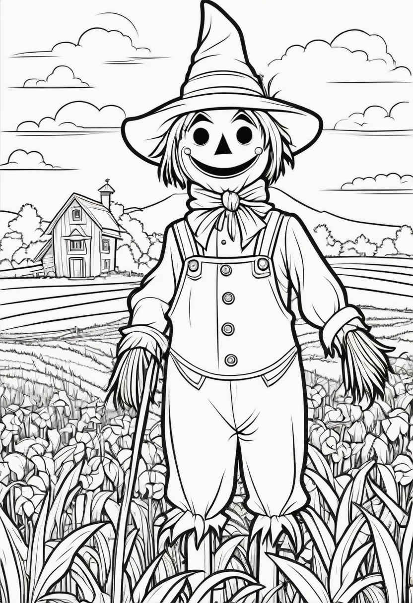 coloring page for kids, Scarecrow in a field, cartoon style, thick lines