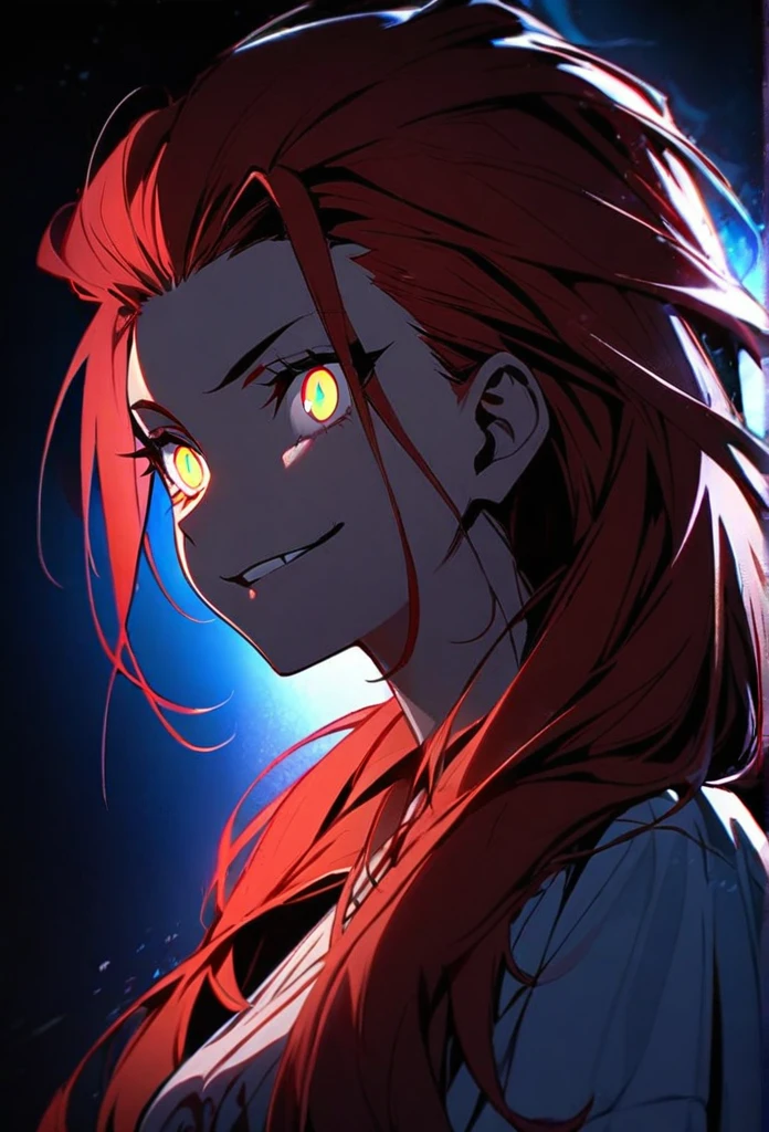 Handsome, solo, 1 girl, red hair, cyan eyes, 1 girl, beautiful, long hair, detailed, Hair Slicked Back, Messy Hair, Hair Over Shoulder, Glowing Light, Bright Pupils, Smirk, Wide-Eyed, Evil Smile, Amber Eyes, 