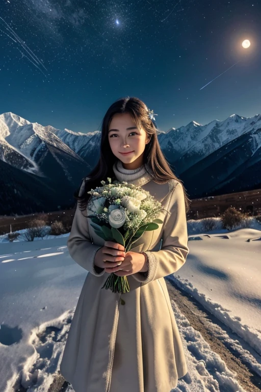 It is dark at night, the stars are twinkling, the moon is spreading light and snow is falling in the mountains. A beautiful girl is standing in the middle of the mountains holding a bouquet